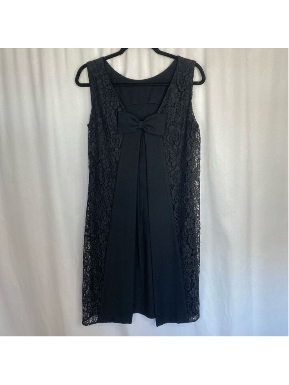 Vintage 60s 50s Black Dress Lace Overlay Sleeveless Bow Union Made Cocktail SZ S - Picture 7 of 13
